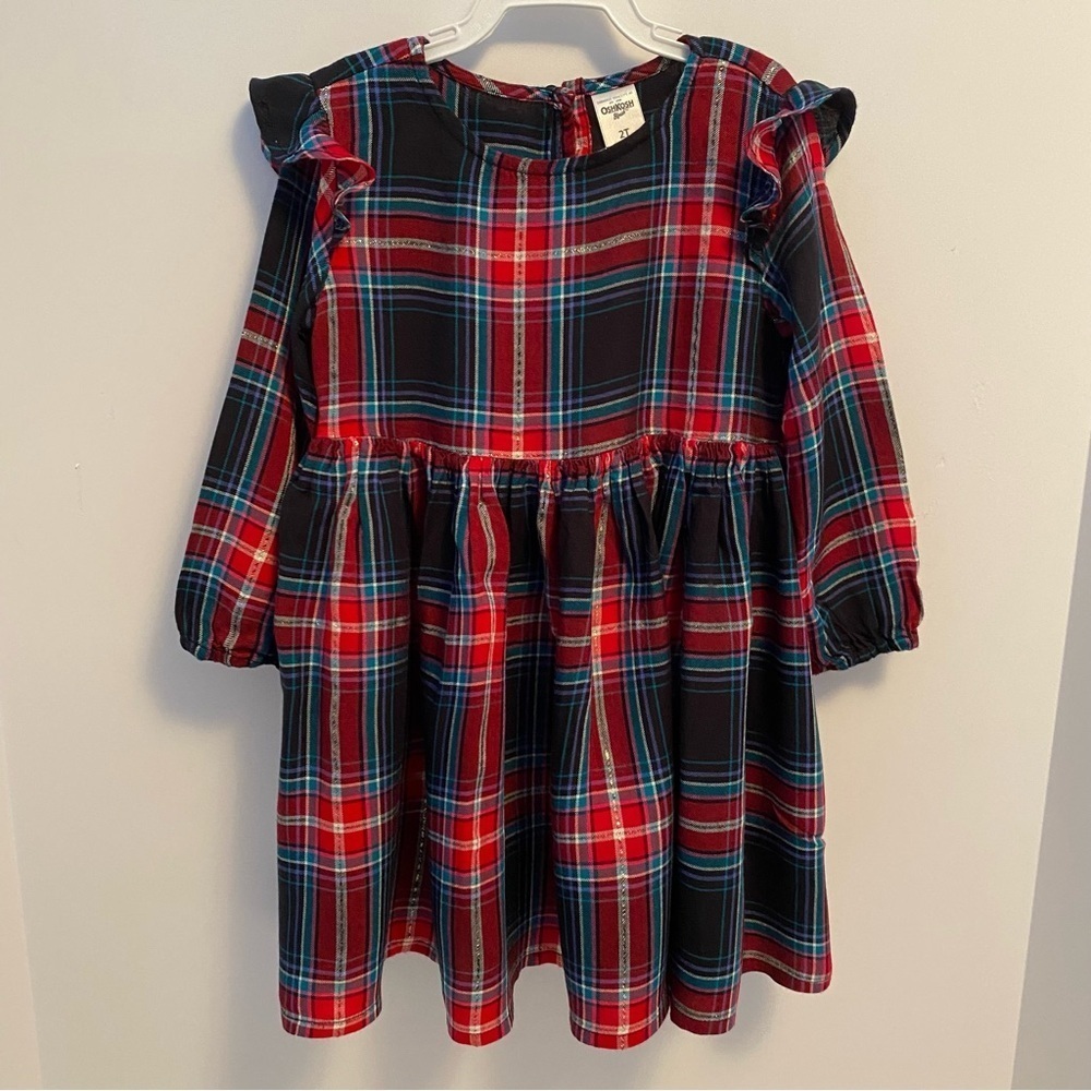 OshKosh B'gosh Toddler Girls Plaid Long Sleeve Shoulder Ruffle Dress Size 2T